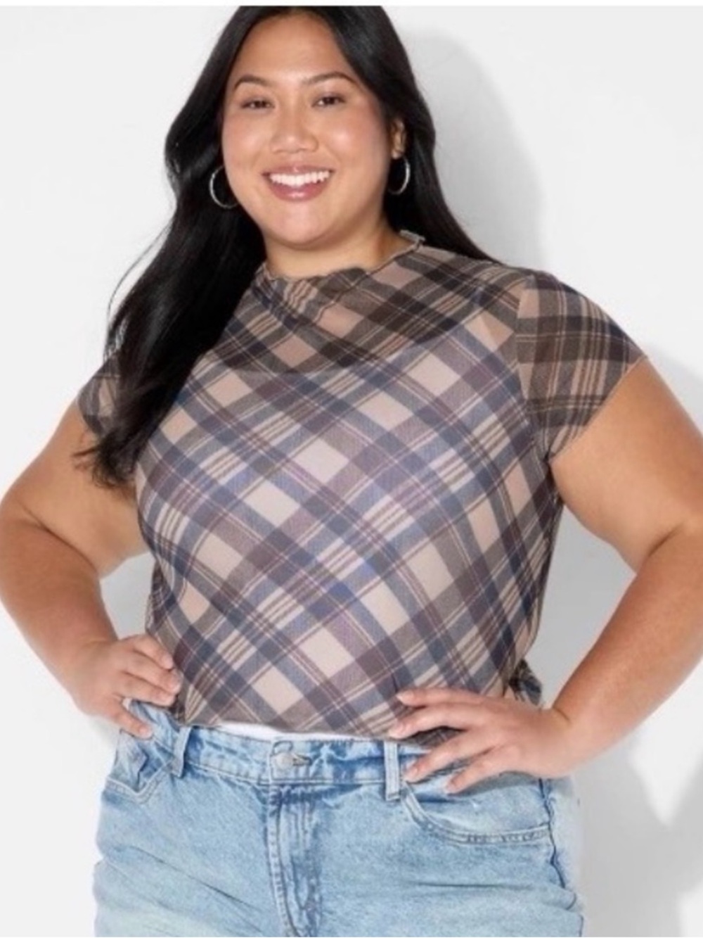 Plaid Short Sleeve Mock Neck Sheer Top - Brown Blue XXL NWT